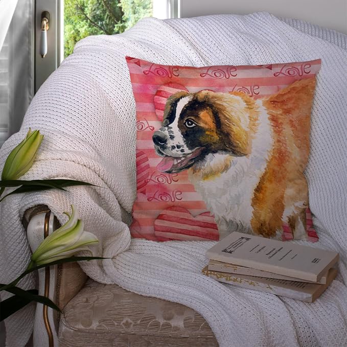 Caroline's Treasures BB9766PW1414 Saint Bernard Love Fabric Decorative Pillow, Red Machine Washable, Indoor Outdoor Decorative Pillow for Couch, Bed or Patio, 14Hx14W