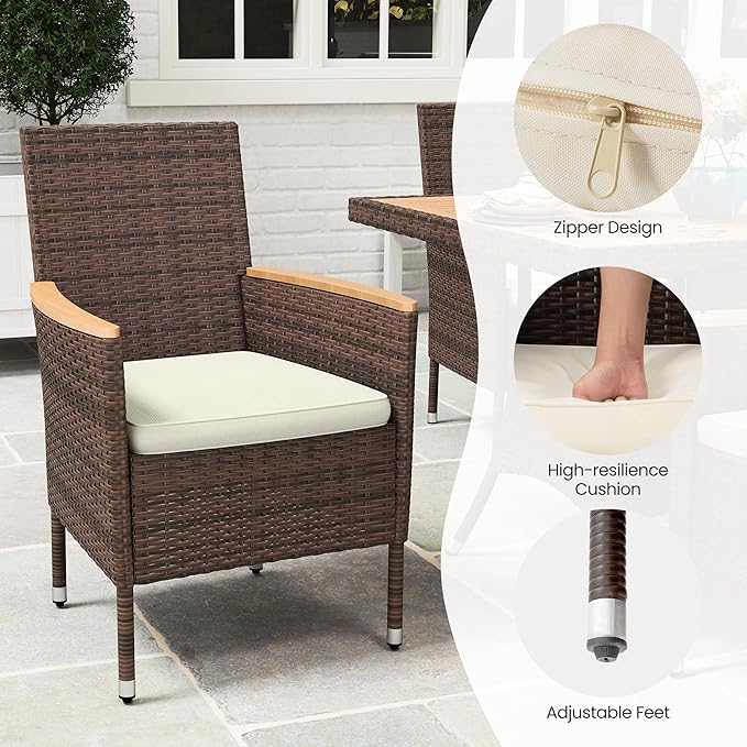 Wisteria Lane Patio Dining Sets for 4, All Weather Rattan Outdoor Table and Chairs with Acacia Wood Tabletop, Patio Dining Furniture with Removable Cushions for Deck Garden, Backyard, Brown