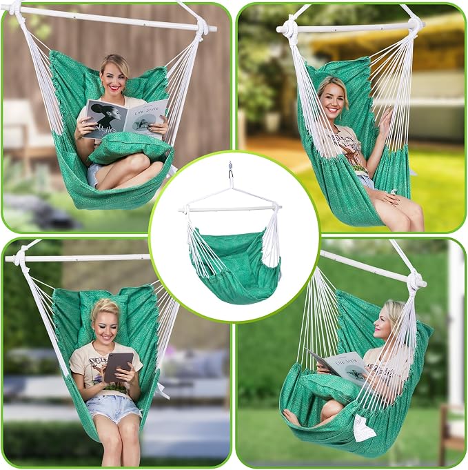 Backyard Expressions Hanging Hammock Chair Swing with Cushions & Hanging Kit – 500 lb Capacity, Cotton Blend Fabric, for Indoor/Outdoor Use – Includes Chain, Hooks & Spring – 5 Colors
