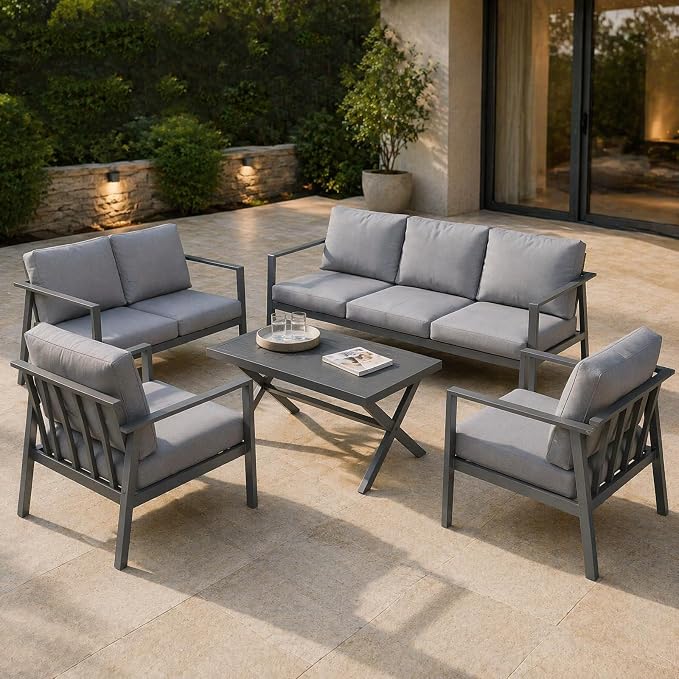 Aluminum Patio Sectional Furniture Set,5 piece Patio Conversation Sets Outdoor Patio Furniture Set Sofa with Coffee Table & Washable Cushions Grey