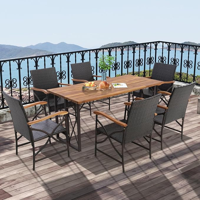 Tangkula 7-Piece Outdoor Dining Set with Acacia Wood Table & 6 Wicker Rattan Armrest Chairs, Detachable Cushions, Umbrella Hole, All-Weather Patio Conversation Furniture Set for Garden Deck (7 PCS)