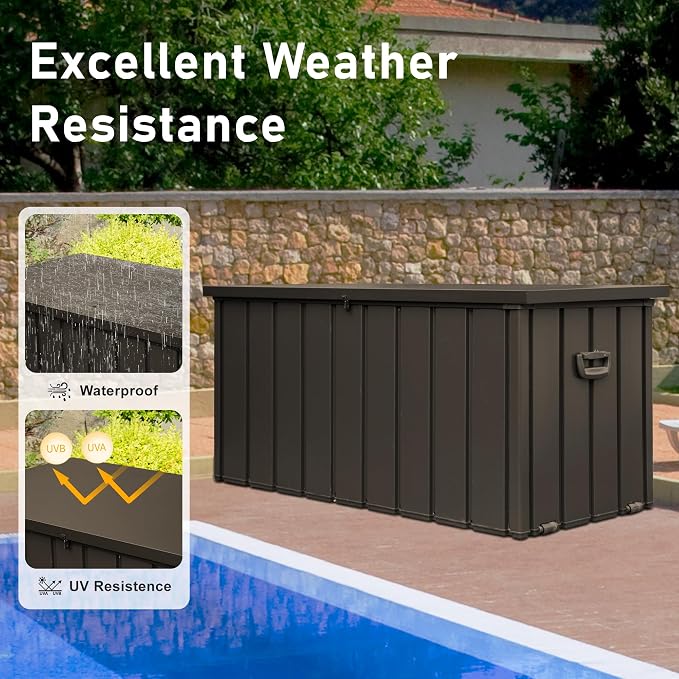 Domi 150 Gallon Deck Box Outdoor Storage Box, Lockable Storage Cabinet Deck Box Outdoor Waterproof, Large Metal Storage Bin for Patio Furniture Cushions Garden Tools Pool-Supplies, Brown