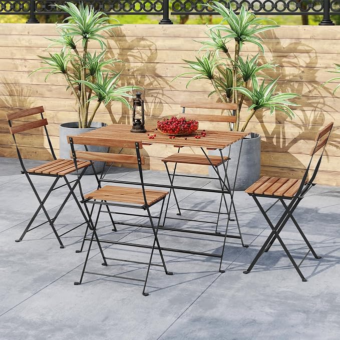 Giantex 5-Piece Outdoor Dining Table Set for 4, Acacia Wood Bistro Table with 4 Folding Patio Chairs, Slatted Seat & Tabletop, Metal Frame, for Yard Porch Garden Poolside (Black + Brown)