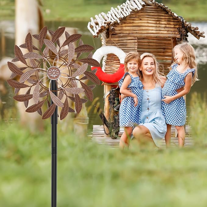 360° Wind Spinners Outdoor, Wind Sculptures Windmill with Metal Stake, Kinetic Large Metal Yard Art Decor Spinners Pinwheels for Garden Outside Patio Lawn, 63.2 * 13.2" (Rust Color)