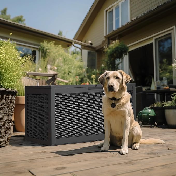 PatioZen 120 Gallon Deck Box,Resin Outdoor Storage Box with Lockable for Patio Furniture, Pool Accessories, Garden Tools Waterproof Outside Storage Box, Black
