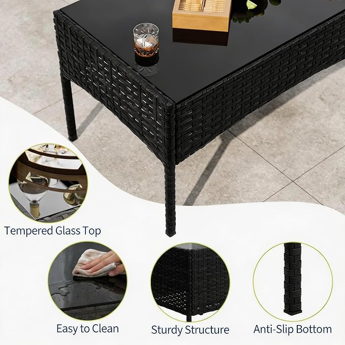 4-Piece Outdoor Furniture Set, PE Rattan Wicker Chairs with Soft Cushions & Tempered Glass Coffee Table - All-Weather Patio Set for Garden, Backyard, Porch, Poolside (Black/Beige)
