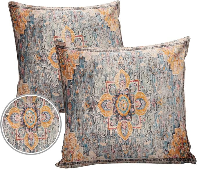 Prime Leader Outdoor Waterproof Pillow Covers Set of 2, Geometric Abstract Carpet Flowers Pattern Yellow Patio Throw Pillow Covers, Decorative Cushion Case for Couch Sofa Furniture Garden, 16x16 Inch
