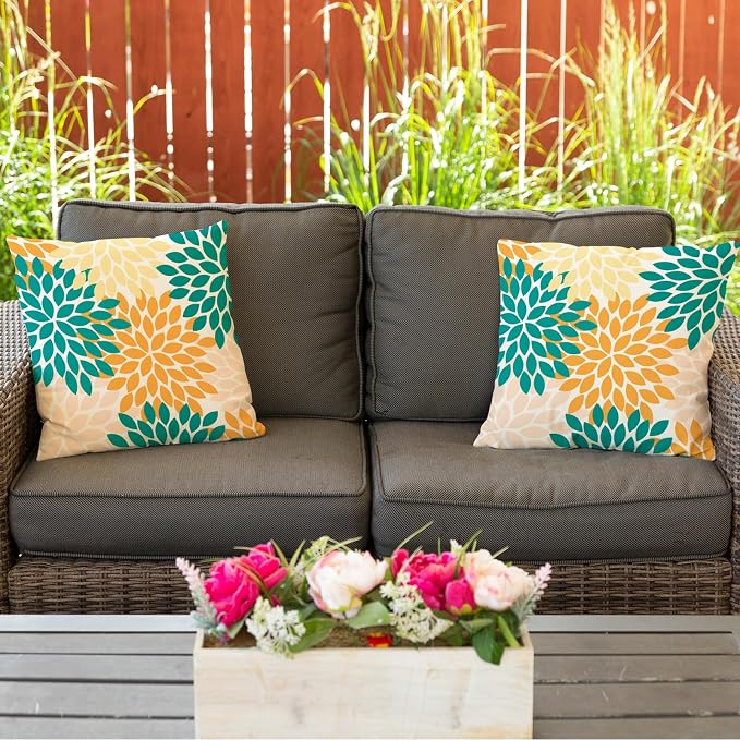 Yellow Blue Dahlia Floral Outdoor Pillow Covers 18x18 Set of 2 Waterproof Abstract Flower Summer Decorative Outdoor Pillow Covers for Patio Furniture Porch Couch Home Decoration (Teal Orange)