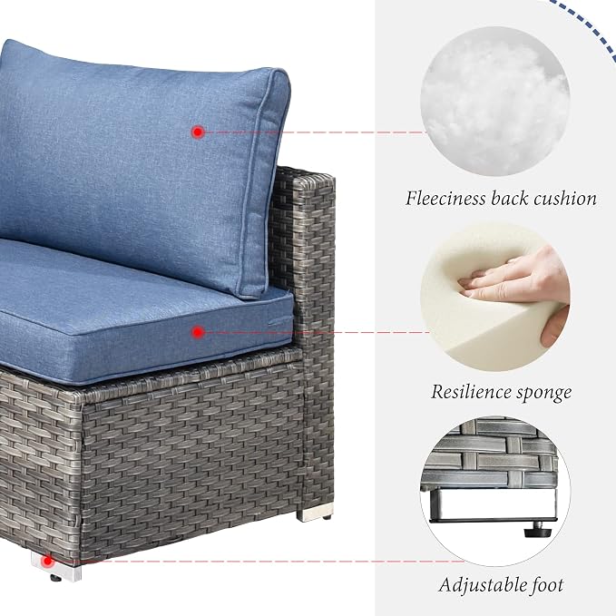 HOOOWOOO 7 Piece Patio Sectional Furniture Set,Modern Wicker Outdoor Conversation Sofa Sets,Weather Resistant Modular L Shaped Outside Couch Table Set(Denime Blue)