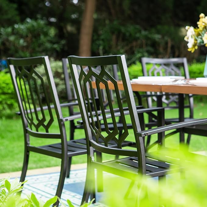 Sophia & William Patio Dining Set for 6 with 13ft Double-Sided Patio Umbrella, 8 Piece Metal Outdoor Table Furniture Set - 6 Outdoor Chairs, 1 Rectangle Dining Table and 1 Large Navy Blue Umbrella