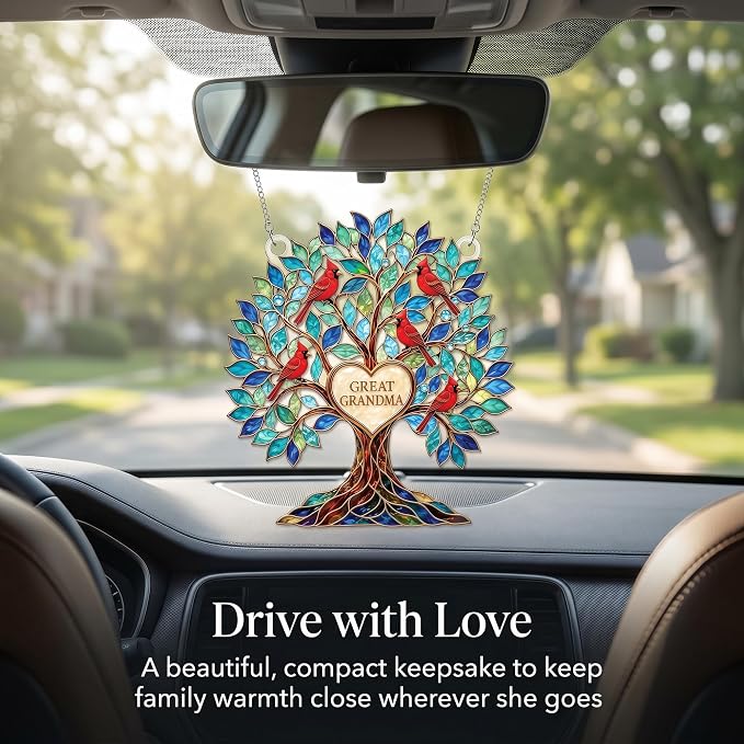 Grandma Gifts, Gifts for Grandma, Grandma Birthday Gifts, Tree of Love 4 inch Suncatcher for Great Grandma, Cardinal Bird Family Tree Window Hanging Decor with Keepsake Message Card