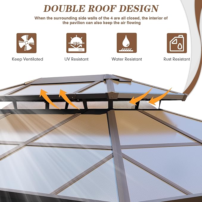 EROMMY 10' x 13' Gazebo Polycarbonate Double Roof Canopy Outdoor Aluminum Frame Pergola, Permanent Pavilion with Netting and Curtains for Garden Patio Lawns Parties