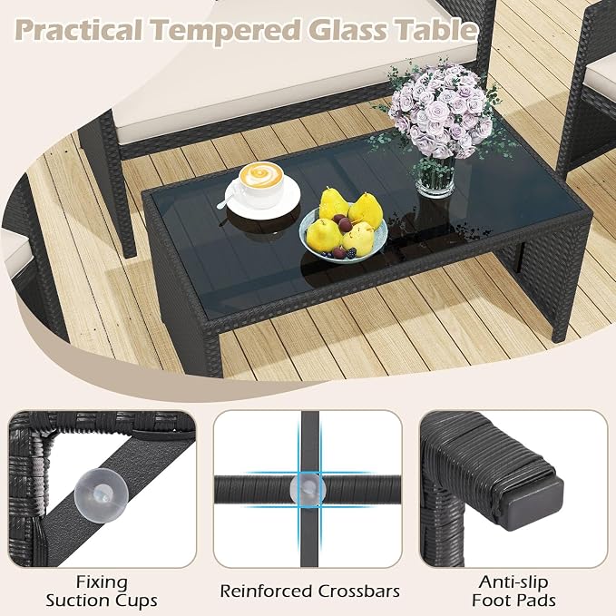 RELAX4LIFE 4-Piece Patio Furniture Set - Wicker Rattan Outdoor Sectional Sofa Set w/Glass Coffee Table, Loveseat, 2 Chairs & Soft Cushions, Bistro Conversation for Garden Porch (1, Black-White)