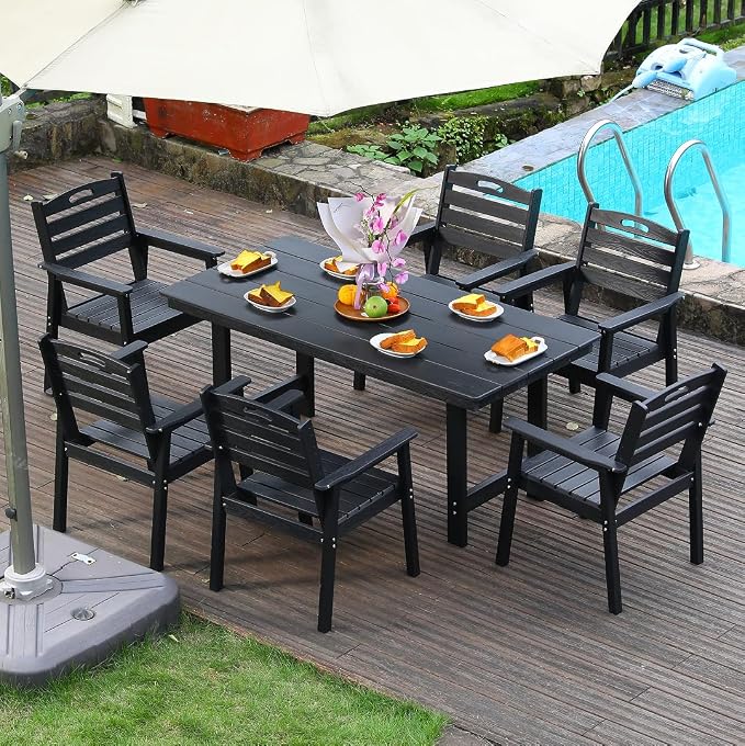 7-Pcs Outdoor Patio Dining Table Set of 6, Outdoor Patio Rectangular 66.9'' Dining Table and Armchair for Garden Backyards Pool Side, Waterproof HDPE Material & 1.95'' Umbrella Hole, Black