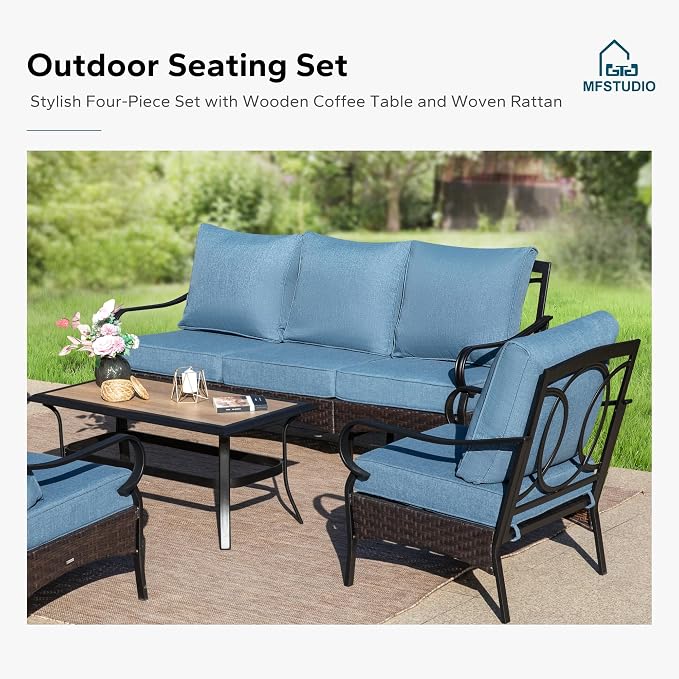 MFSTUDIO 4 Pieces Outdoor Patio Furniture Set, Metal Outdoor Conversation Set, Rattan Wicker Patio Sectional Sofa Set with 2 x Fixed Single Sofa, 3-Seat Sofa, 1 x Coffee Table, Navy Blue