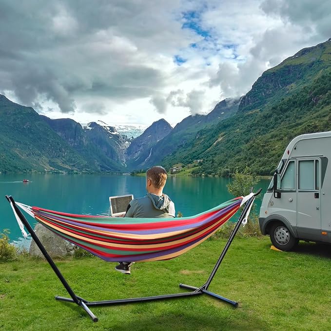 Double Hammock,450lbs Capacity Hammock with Stand Outdoor Two Person Hammock,Hammock Chair with Space Saving Metal Stand,Indoor Hammock Stand with Carrying Bag Strong Load-Bearing Red