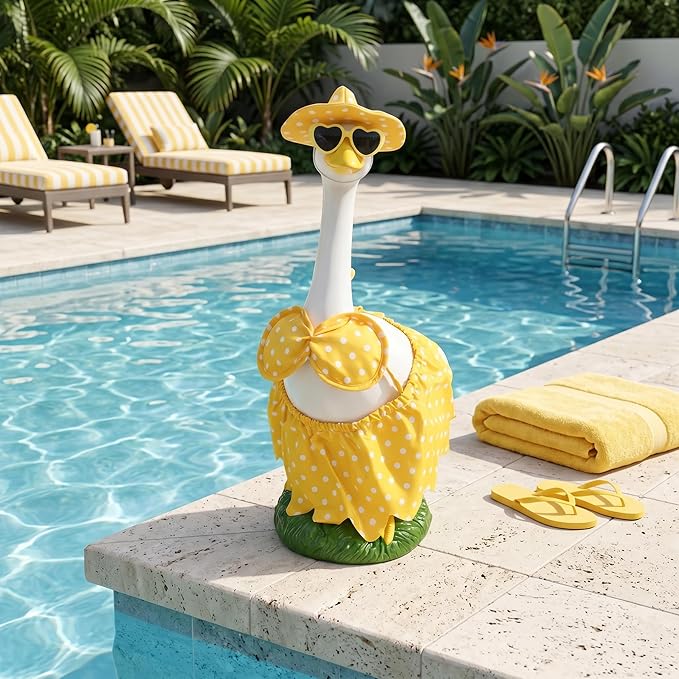 20″ Large Porch Goose Statue Décor - Resin Porch Goose with Yellow Summer Bikini Outfits, Garden Decor Sculpture, White Duck Figurine for Pool/Patio/Path/Lawn, Housewarming Birthday Gift Mum Women Men