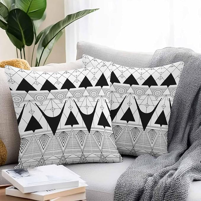 Throw Pillow Covers 20x20 Inch Set of 2, Black White Geometric Waterproof Outdoor Pillow Covers, Vintage Art Striped Decorative Cushion Pillowcases for Couch, Sofa, Bed, Garden, Patio