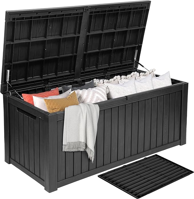 DWVO 180 Gallon XL Deck Box with Divider & Lockable Lid, Waterproof Resin Outdoor Storage for Patio, Garden, Poolside, Cushions, Supplies & Sports Gear, Black