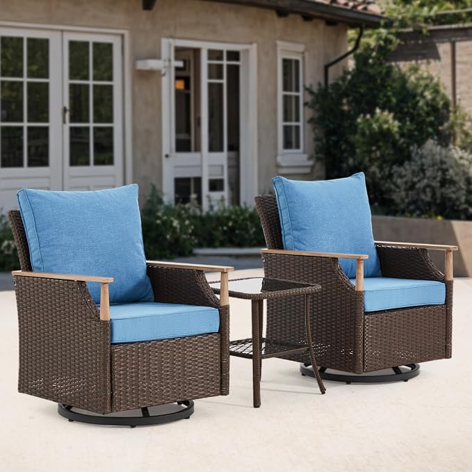 MELLCOM 3 Pieces Patio Furniture Set, Wicker Swivel Glider Chairs with Side Table and Thick Cushions, All Weather Rattan Bistro Set for for Patio, Garden, Backyard and Porch