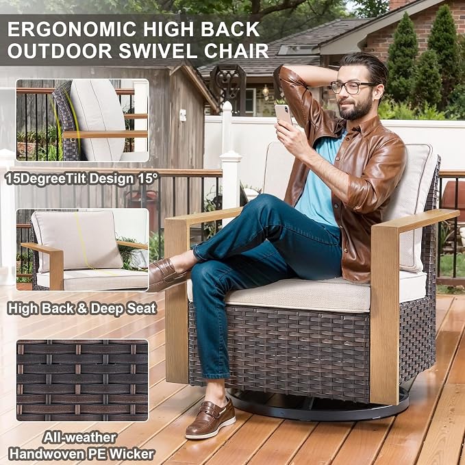 Belord Outdoor Swivel Rocker Chairs Set of 2 with Metal Wide Armrests, Patio Wicker Chairs, Glider Furniture for Porch, Deck, Sunroom, Backyard
