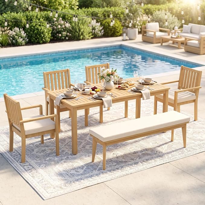 Wisteria Lane 6 Pieces Acacia Outdoor Patio Table and Chairs Set for 6, Patio Outdoor Dining Table Set with with Bench and Cushion, Modern Outdoor Patio Set for Deck Lawn Backyard Garden, Beige
