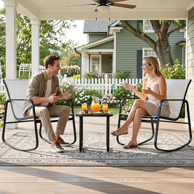 DWVO 3 Piece Patio Furniture Set, Durable Textilene Patio Set with Rocking Chairs Set of 2 & Tempered Glass Table for Garden, Balcony & Poolside, Grey