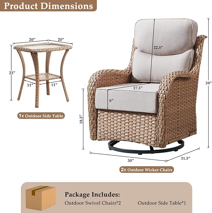Luxury Outdoor Swivel Rocker Patio Chairs Set of 3, High Back Swivel Patio Chairs with Side Table & 6-Inch Thick Cushions, Wicker Outdoor Bistro Set for Porch, Yard, Deck, Poolside, Yellow/Beige