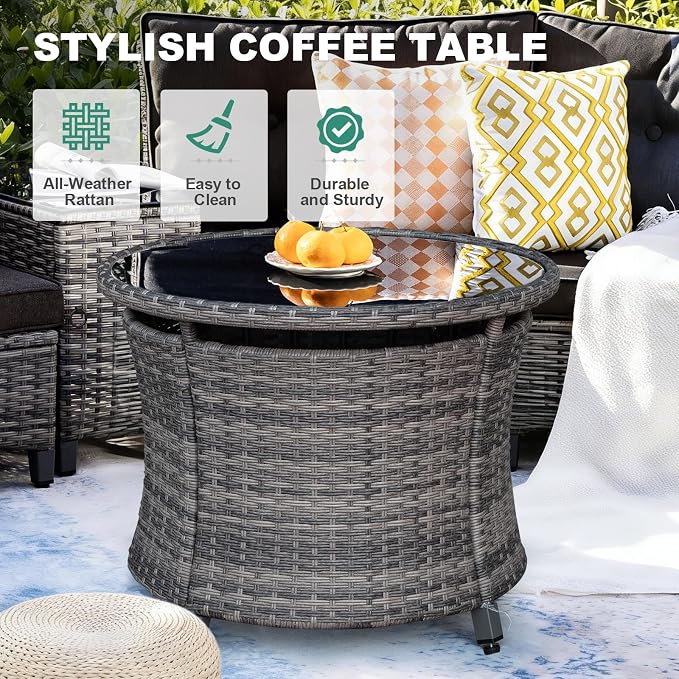 MEISSALIVVE 9-Piece Half-Moon Curved Outdoor Patio Furniture Set, Sectional Conversation Sofa with 2 Swivel Glider Chairs, Round Coffee Table for Backyard Deck Garden, Black