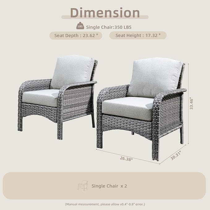 CAODOC 2 Pack Wicker Patio Furniture Chairs,Outdoor Rattan Chairs with Armrest Support 250 lb,Gray