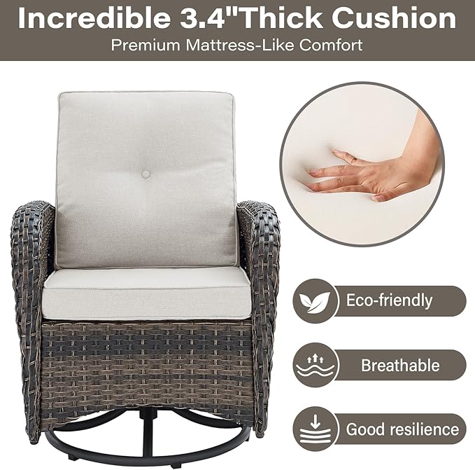 Belord 7 Piece Wicker Patio Furniture Set with 30" Fire Pit Table - Outdoor Swivel Rocker Chairs Set of 4 with Glass Side Tables Set of 2, Patio Conversation Set for Casual Gathering Brown/Beige