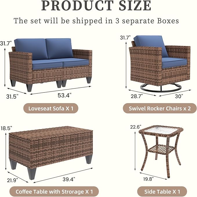 UDPATIO Patio Furniture Set, 5 Pieces Outdoor Wicker Furniture Set with Swivel Rocking Chairs Storage Table and Waterproof Covers for Backyard, Deck, Porch, Navy