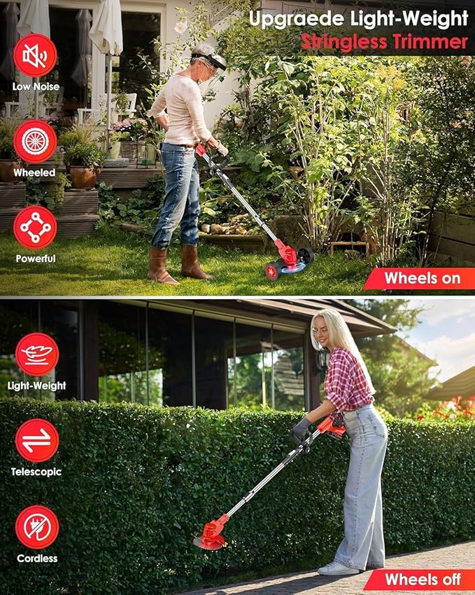 21V Cordless Weed Wacker, Lightweight 3-in-1 Grass Trimmer/Brush Cutter/Edger, 2.0Ah Battery Powered Weed Eater, Foldable Stringless Lawn Edger, Adjustable Height Electric Mower for Garden