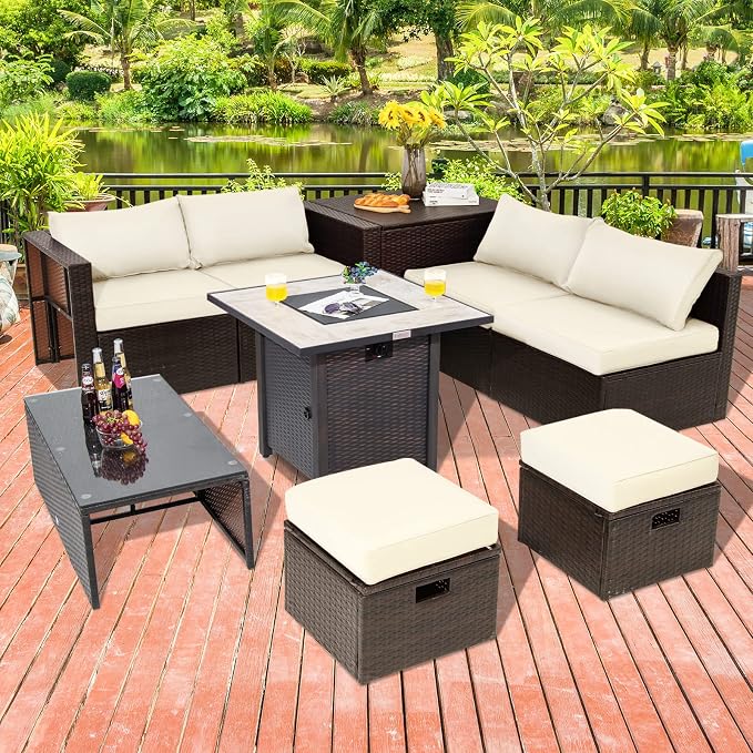COSTWAY 9 Piece Patio Furniture Set with 30'' Fire Pit Table, Outdoor Wicker Rattan Sectional Sofa Set with 4'' Thickened Cushions, 2 Coffee Tables and 2 Ottomans for Poolside Backyard (Off White)