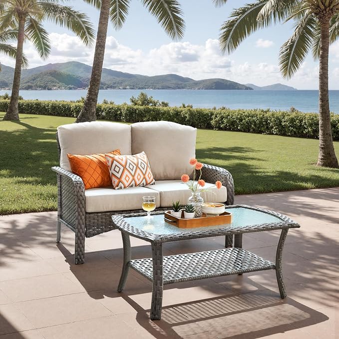 2-Piece Outdoor Patio Furniture Set with Coffee Table, Outdoor Conversation Wicker Sofa with Thickened Cushions, Rattan Couch for Deck Yard Poolside, Beige