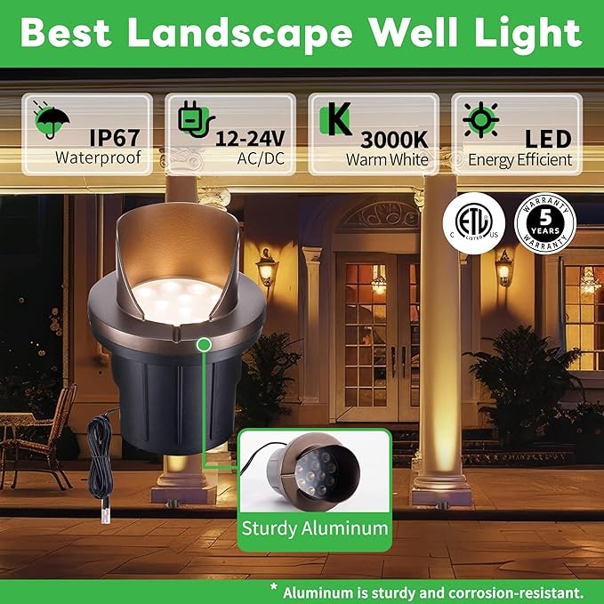Low Voltage LED In-Ground Well Lights Outdoor, Warm White 3000K Landscape Lights, 12V IP67 Waterproof Anti-Glare Aluminum ORB Fixtures for Trees & Walls, 4 Pack