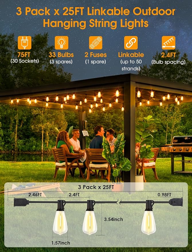 75FT(3x25FT) Outdoor String Lights, Patio Lights with 30+3 LED Dimmable Waterproof Connectable ST38 Bulbs for Outside Porch Balcony, Black
