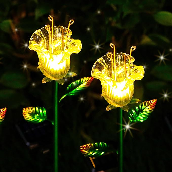 VChymm Solar Decorative Flowers 2 Pack - Waterproof Yellow Glass Lily Flower Lights, Auto ON/OFF for Garden, Patio, Backyard