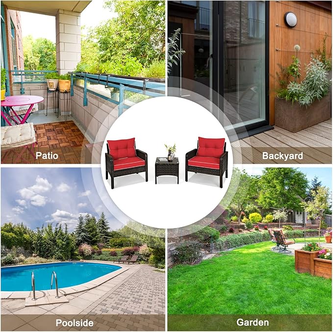 ORALNER 3-Piece Patio Conversation Set, All-Weather Wicker Sofa Chair and Coffee Table Set with Thick Cushions, Outdoor Furniture, Rattan Bistro Set for Balcony Deck Porch Poolside Garden (Red)