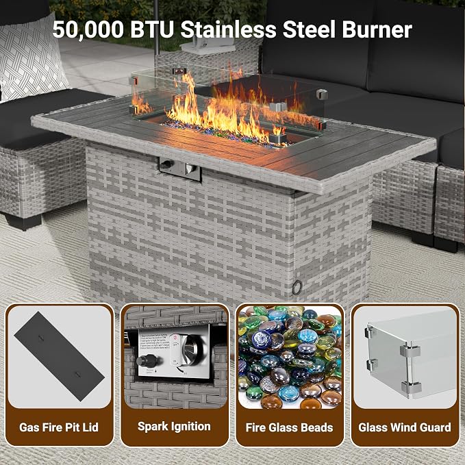 Patio Furniture Set with 44'' Propane Gas Firepit Table, 8 PCS Modular Outdoor Sectional Conversation Sets, All-Weather Wicker Patio Set for Backyard, Black (Waterproof Covers Included)
