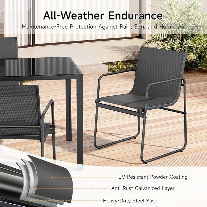 ONBRILL 7 Piece Patio Dining Set for 6, Modern Rectangular Glass Top Steel Table with 6 Breathable Textilene Chairs, Easy Assembly All-Weather Design for Lawn, Backyard, Poolside & Gatherings, Black