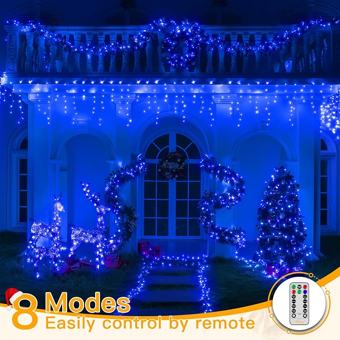 Ollny Icicle Lights for Outside 400LED 32FT, Blue Christmas Light with Remote 8Modes Timers Waterproof, Plug in Connectable Hanging Lights for Outdoor Indoor House Roof Holiday