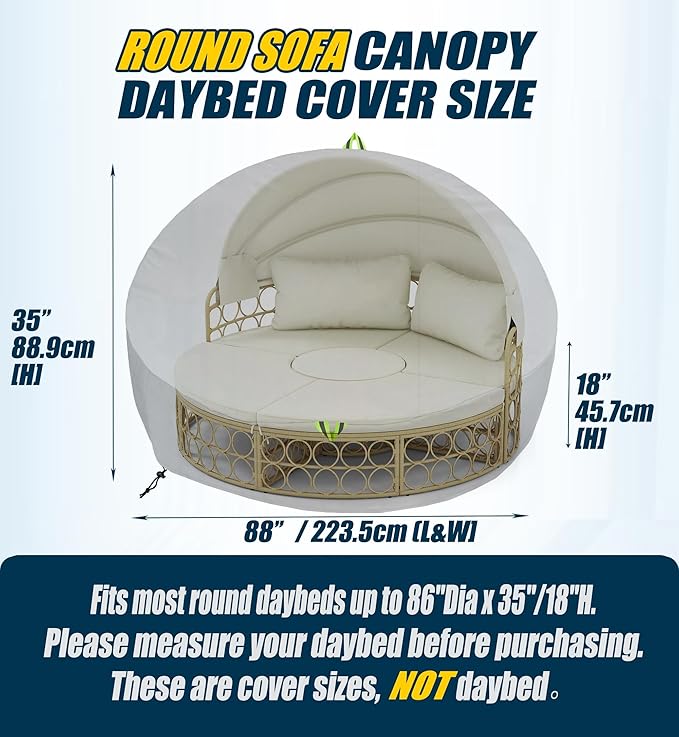 Outdoor Daybed Cover Waterproof, 600D Round Patio Sofa Cover, Heavy Duty Outdoor Canopy Daybed Sofa Cover - Ø88"X35''/18H
