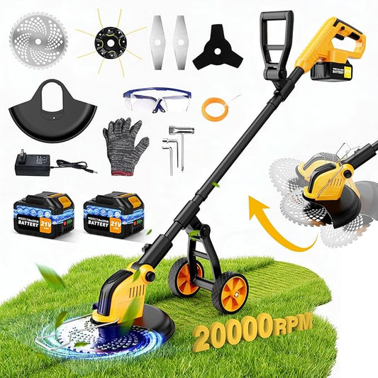 20000RPM Electric Weed Wacker Battery Powered 6000mAh, 800W Brushless Weed Eater with Wheels, 4-in-1 Brush Cutter/String Trimmer/Grass Trimmer/Edger Tool,Stringless Weed Trimmer Metal Blade,2 Battery