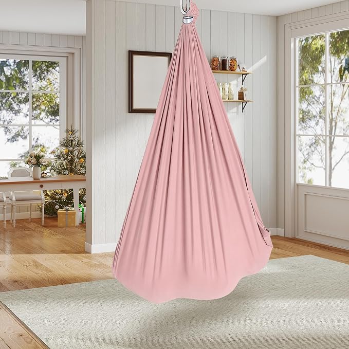 GarveeLife Dual-Layer Compression Sensory Hammock Swing for Kids & Adults, Calming Cuddle Chair, 360° Swivel, Deep Pressure Therapy, Durable & Comfortable, 300 lbs Capacity, Light Pink