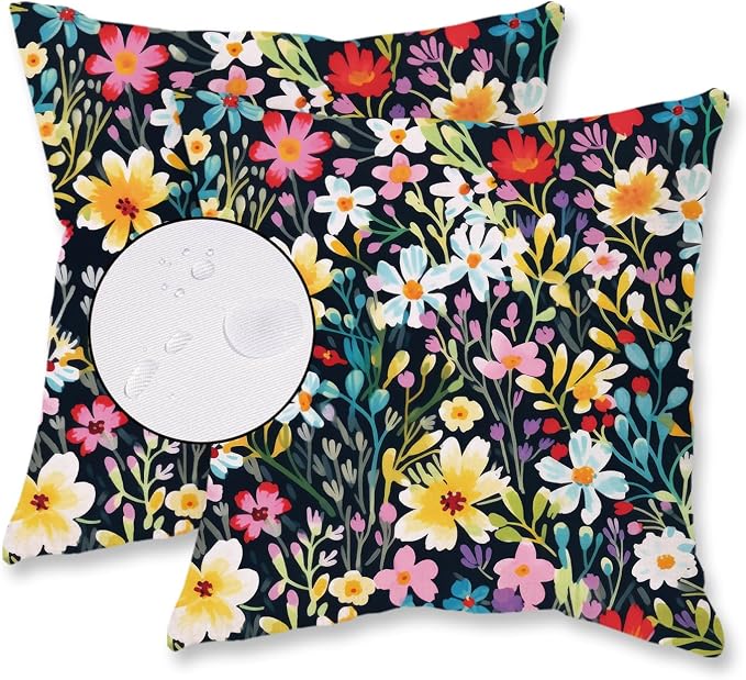 Outdoor Floral Throw Pillow Covers 20x20 Inch Set of 2 Black Waterproof Flowers Decorative Spring Summer Holiday Patio Cushion Cases for Patio Furniture Garden
