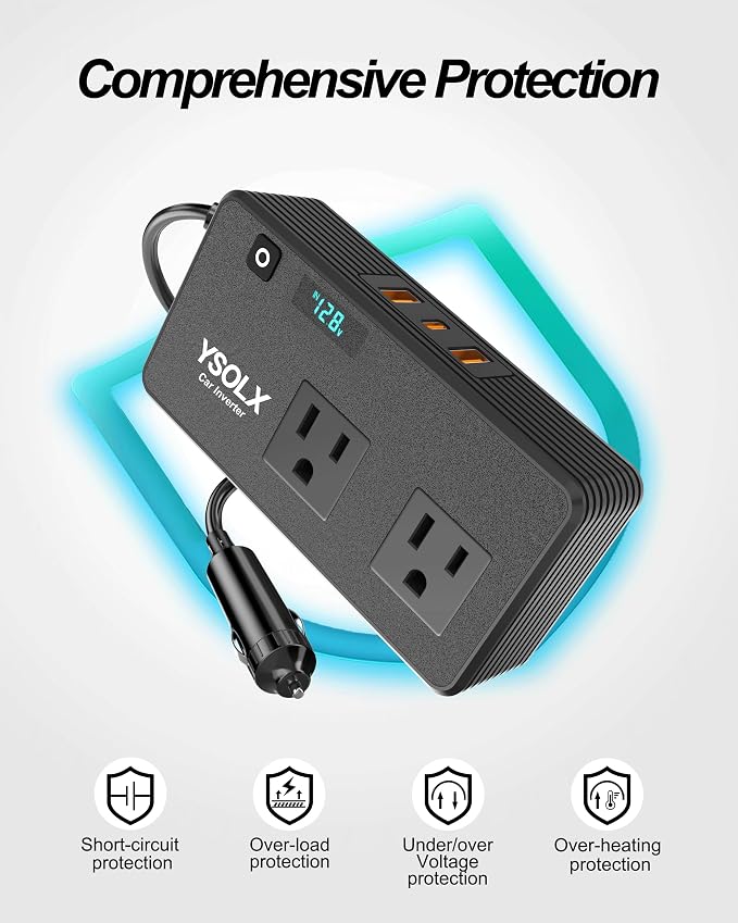 YSOLX 300W Car Inverter Power Outlet Dual AC Car Plug Adapter Outlet | For camping & road trips, 24W USB C/A charge for devices, LED shows real-time voltage & battery status