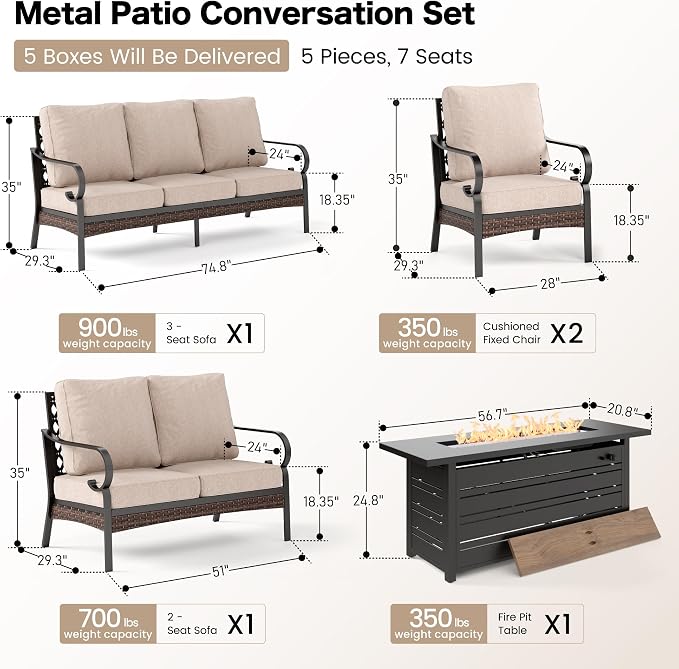 SUNSHINE VALLEY 5 Piece Metal Outdoor Patio Furniture Sets with Firepit Table, Patio Conversation Sets 1 3-Seater Sofa, 1 2-Seater Loveseat, 2 Single Sofa with 5.75" Cushion for Backyard Deck, Beige
