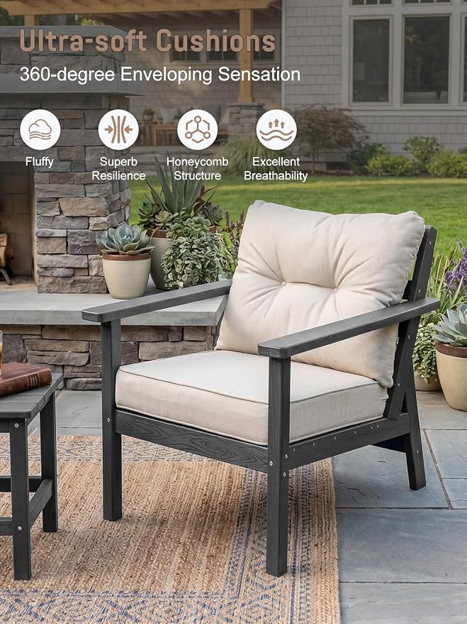 HDPE Patio Conversation Set 4 Seats, Outdoor Furniture Set, Patio Sofa Set | Water-Resistant Thick Cushion, HDPE All Weather, Wood-Grain, No Rot or Rust or Crack, UV Fade Shield, Easy-Clean for Outside