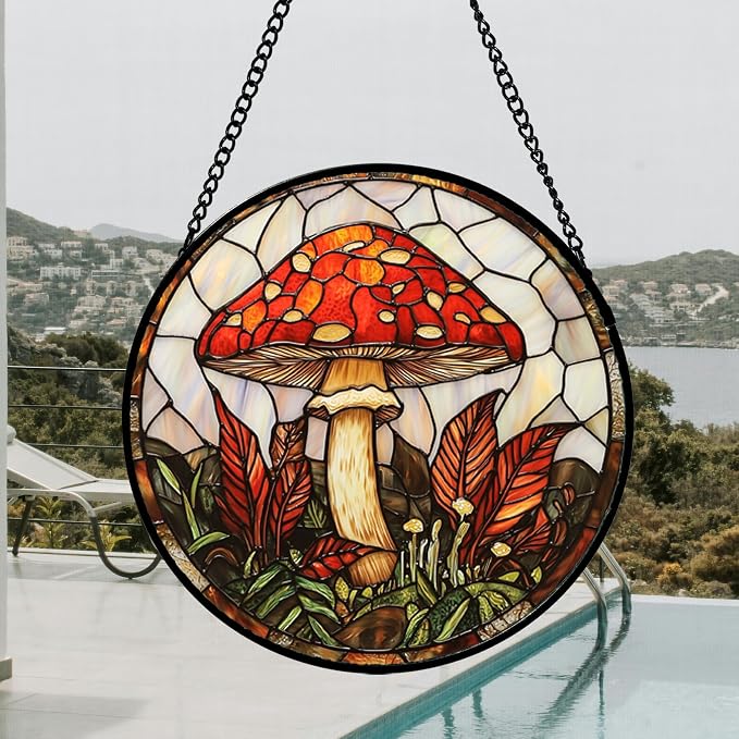 DASTOLL Stained Glass Window Hanging, Big Red Mushroom Suncatcher for Doors Home Sun Catchers Decoration and Christmas, Mother's Day Birthday Gifts for Women, Men, and Mom 14.9x14.9 in